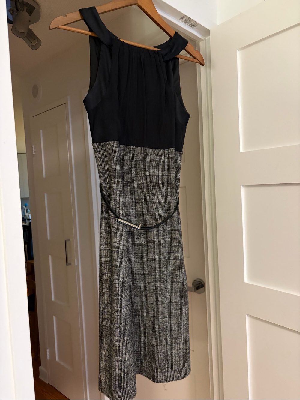 Sleeveless Black and Gray Sheath Dress with Belt
